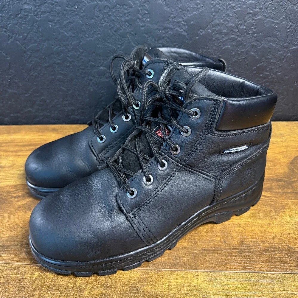 Skechers Hartan 77009EW Black Leather Steel Toe Work Boots Mens 9.5 Wide‎